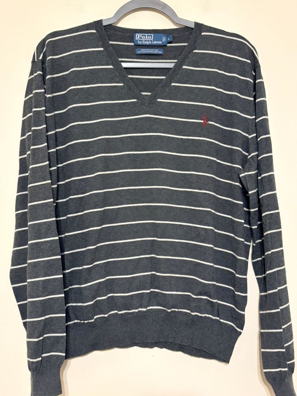 Men's PRL Polo Ralph‎ Lauren Gray White Stripe V-Neck Sweater Red Pony Size XL